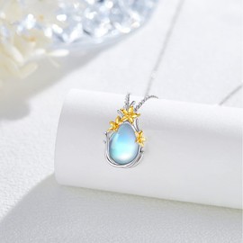 XIXLES Drop Moonstone Necklace Women's Necklace 925 Sterling Silver Moonstone Pendant with Flower Moonstone Jewellery Gifts for Women Girlfriend Mother, Sterling Silver, Moonstone