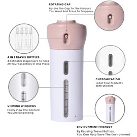 2 Pack Travel Dispenser, CHIVENIDO 4 in 1 Lotion Shampoo Gel Travel Dispenser Shower Bottles Refillable Travel Bottles (Pink+Gray)