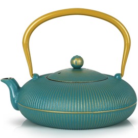 Jotsport Green Cast Iron Teapot Large Capacity 40oz/1200ml with Infuser for Loose Leaf Stovetop Safe Vertical Stripe Flat Tea Kettle, Enameled Interior