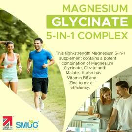 Magnesium Glycinate Complex British Made 5-in-1 by SMUG Supplements - 60 Capsules - Advanced Blend Combining Magnesium Glycinate, Citrate and Malate. with Added Vitamin B6 and Zinc.