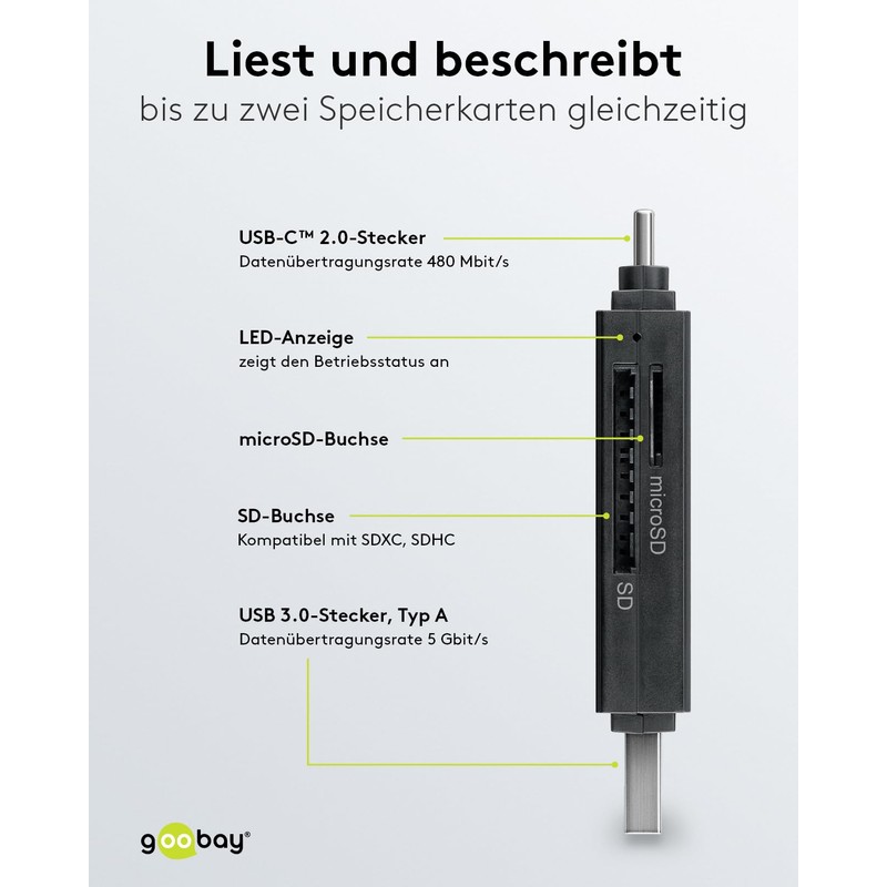goobay 58261 USB C 2 in 1 Card Reader/USB 3.0