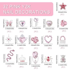32pcs Pink Y2K Nail Charms, 3D Rhinestone Nail Art Decorations, Cute Butterfly, Heart, Star & Bear Designs for DIY Nail Art, Nail Gems for Women Girls (Pink)