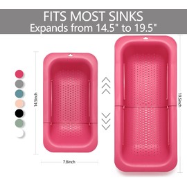 Domonic Home Over the Sink Strainer Basket for Kitchen, Vegetables, Fruits, Pasta Collapsible Colander, 14.5"-19.5", Brilliant Rose, Dishwasher Safe