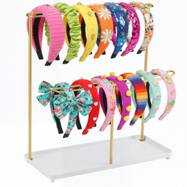 Essovee Headband Holder Organizer Metal 2-Tier with Tray, Necklace Storage Hairband Rack Hair Accessories Display Stand Stand Home Bedroom College Dorm Decor for Girls Women (Gold)
