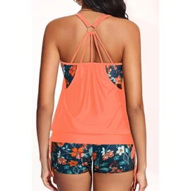 Holipick Blouson - Traje de Baño Tankini para Mujer, Dos Piezas con Control de Abdomen y Pantalones Cortos, Traje de Baño Modesto, Flores Naranjas, Small