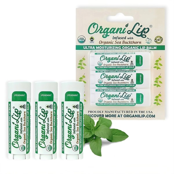 OrganiLip USDA Certified Organic Lip Moisturizer - Ultra Moisturizing Organic Lip Balm – Lip Balm for Nourishing Cracked or Dry Lips - All-Day Ultra Moisturizing Lip Care - 3-Pack (Spearmint)