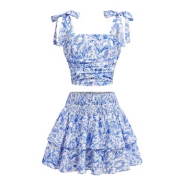 Verdusa Girl's 2 Piece Floral Print Ruffle A Line Skirt Sets with Cami Top Summer Outfits Blue 11Y
