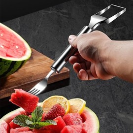 2-in-1 Stainless Steel Fruit Cutter, 2024 New Upgraded Watermelon Fork Slicer Cutter Slicer Tool, Dual Head Fruit Forks Slicer Knife for Home Kitchen Gadget (2 PCS)