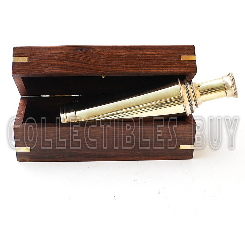 14" Handheld Nautical Three Fold Brass Telescope Maritime Wooden Box