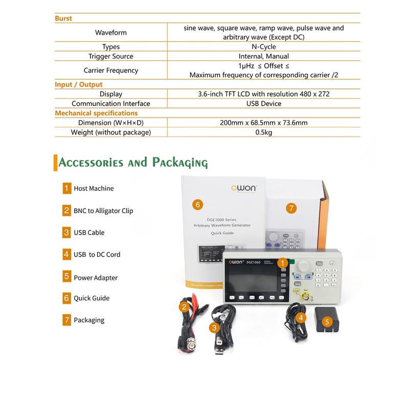 OWON Waveform Generator, 60MHz Bandwidth,300MSa/s Sampling Rate, 14 bits Vertical
