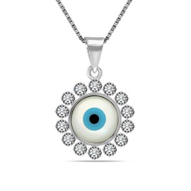 LeCalla 925 Sterling Silver Cubic Zirconia Round Turkish Evil Eye Pendant Box Chain Necklace Jewelry Gifts for Women Teen With Lobster Claw Clasp 18 Inches
