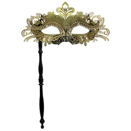 WILOVCOS Womens Masquerade Mask with Stick, Handheld Mardi Gras Mask,Venetian Party Masks (Gold & Black)