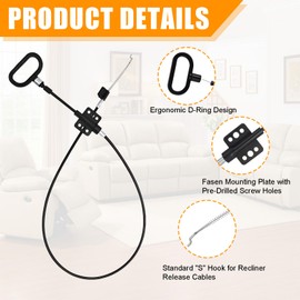 Podoy Recliner Pull Cable 𝟒𝟒.𝟓" Replacement for Sofa Chair Universal 44.5", Recliner Release Cable Replacement D-Ring Pull Handle