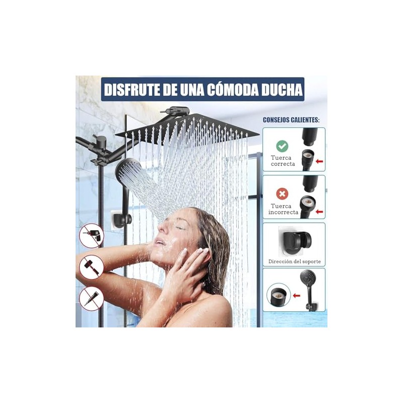 Regadera de Ducha para Baño Negro 10 Pulgadas,Combo con Cabezal