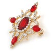 Red/Clear Austrian Crystal Diamond Shape Corsage Brooch In Gold Plating