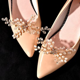 Asphire Elegant Crystal Pearl Shoes Clip 2pcs Sparkling Floral Women's High Heel Decoration Clip DIY Shoe Buckle Accessories for Women, Gold