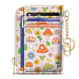 GIANCOMICS Slim Wallet Credit Card Holder Women, Cute Mushroom Rfid Blocking Small Card Case, Keychain Thin Pocket Curved Zipper Wallet, Travel Card Holder PU Leather ID Window, Ladies Female Gifts