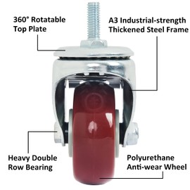 Finnhomy Swivel Caster Wheels 3 Inch Threaded Stem Casters Set of 4 Heavy Duty 3/8"-16 x 1 with Brake Polyurethane Industrial Locking Castors Wheels for Cart/Furniture 2200 Lbs Smooth Casters, Red