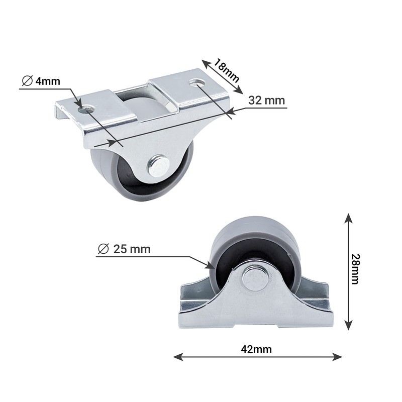 SKIR'CO Pack of 4 Small 25 mm Furniture Castors Grey
