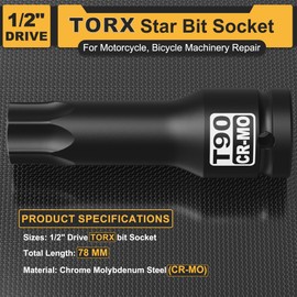 Aiourx 1/2-Inch Drive T90 Torx Bit Socket Set, Star Bit Socket, Cr-Mo Steel, for Hand Use Work on Cars, Trucks