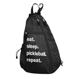 Sweet Jojo Designs Black Pickleball Bag – Sling Backpack Crossbody Paddle Travel Pickle Ball Bags Gifts for Women and Men Unisex - Sports Pun Funny Quote Sayings Eat Sleep Pickleball Repeat