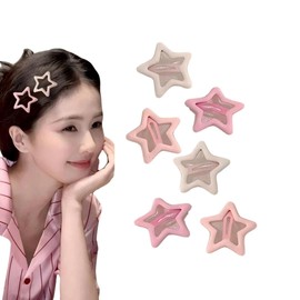 [YNOBUN] Cute Pink Star Shape Kids Hair Clips Girls Side Bangs Clips Baby Beep Clips Head Accessories Hair Clips Baby Kids Girls Ribbon Hair Ornament(6 Pcs-2E)