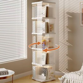 FAQINZYUAN Rotating Bookshelf Tower,360° Rotating Bookshelf,66 inch High Small Space Revolving Bookcase, Suitable for Spinning Bookshelf Tower in Home and Office (White, 5 Tier, 14x14x66)