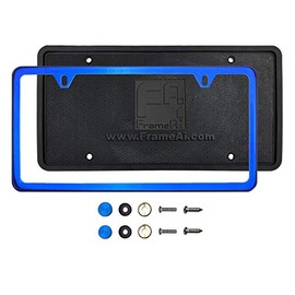 Silicone Back Guard Two Holes Slim License Plate Holder Blue Chrome Mirror License Plate Frame T304 Stainless Steel + Metal Screw Caps