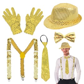 TUONYIS 5 Pcs Jazz Dance Hat Performance Jazz Dance Sequins Hat Gloves Necktie Bow Tie Suspenders, 70s Hip-Hop Glitter Disco Costume for Men Women for Carnival Party Dance Show (Gold)