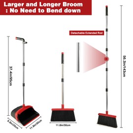 XXFLOWER Broom and Dustpan Set for Home, Broom with Dustpan Cleaning Teeth Combo Set, Indoor Sweep Broom with Long Handle for Office Home Kitchen Lobby Floor (Black Red)