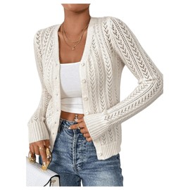 SHENHE Women's Pointelle Sweater Cardigan Crochet Hollow Out Eyelet Button Up Cropped Cardigan Apricot Small