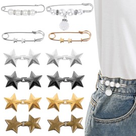 Oruola 12 Sets Jeans Suspender Straps for Waist Pants Waist Tightener Star Jeans Buttons for Loose Jeans Button Pins for Jeans Clothes Dresses Skirts No Sewing Decoration Accessories