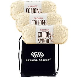 Premier Yarns Cotton Sprout Worsted Solid Cream 2101-26 (3-Skeins - Same Dye Lot) Worsted Medium #4 Cotton Yarn for Crocheting and Knitting with Project Bag