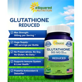 aSquared Nutrition Reduced Glutathione 500mg Per Serving Supplement -200 Capsules -L-Glutathione Antioxidant to Support Liver Health & Detox - Max Strength Powder Pills to Help Immune & Brain Function