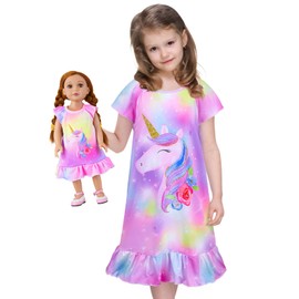 Beinou Girls' Nightdress, Short Sleeve Dresses, Unicorn Sleepwear, Doll and Girls Matching Nightgowns, purple