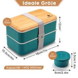 Sinnsally 1400ML Bento Box Lunch Boxes, Stackable Bento Lunch Box for Adults,Leak-Proof Lunch Container with Compartments,Japanese Style Lunchbox with Sauce Pot Cutlery Set (Nordic Green)