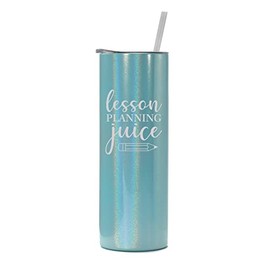 20 oz Skinny Tall Tumbler Stainless Steel Vacuum Insulated Travel Mug Cup With Straw Lesson Planning Juice Teacher Funny (Light Blue Iridescent Glitter)