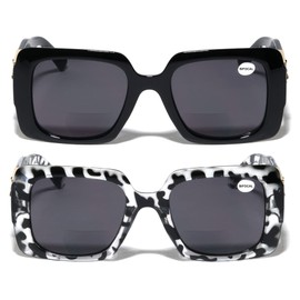 V.W.E. 2 Pairs Oversized Bold Women Bifocal Reading Sunglasses Lion Head 100% UV (1 Black 1 Grey Leopard, 3.00)
