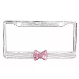 BLVD Clear 7 Rows Bling Diamond Crystal License Plate Frame With Pink Bow Tie