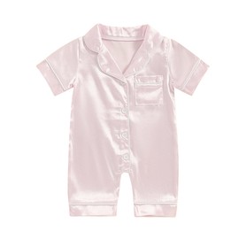 Multitrust Newborn Baby Girl Boy Silk Pajamas Rompers Button Down Short Sleeve Satin Infant Pjs One Piece Jumpsuit Shorts (Pink, 0-3 Months)