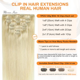 MISSME Clip In Hair Extensions Real Human Hair,16in 120g 7pcs 16 Clips On Hair Extensions 100% Real Human Platinum Blonde Hair For Women