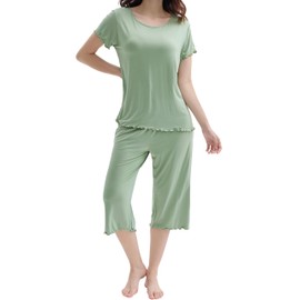 Joyaria Cooling Pajamas for Night Sweats Womens Summer Bamboo Viscose Pjs Soft Lightweight Capri Sleepwear Sage Green Small