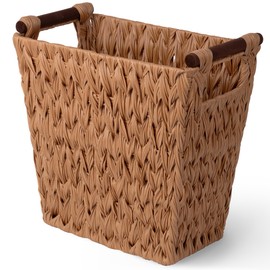 GRANNY SAYS Bathroom Wastebasket, Caramel Orange Woven Trash Can with Handles, Waterproof Wicker Waste Basket for Office, 1-Pack, 13" x 7 ½" x 12 ½"