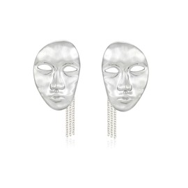Silver Mask Face Tassel Earrings Statement Dangle Earrings for Women