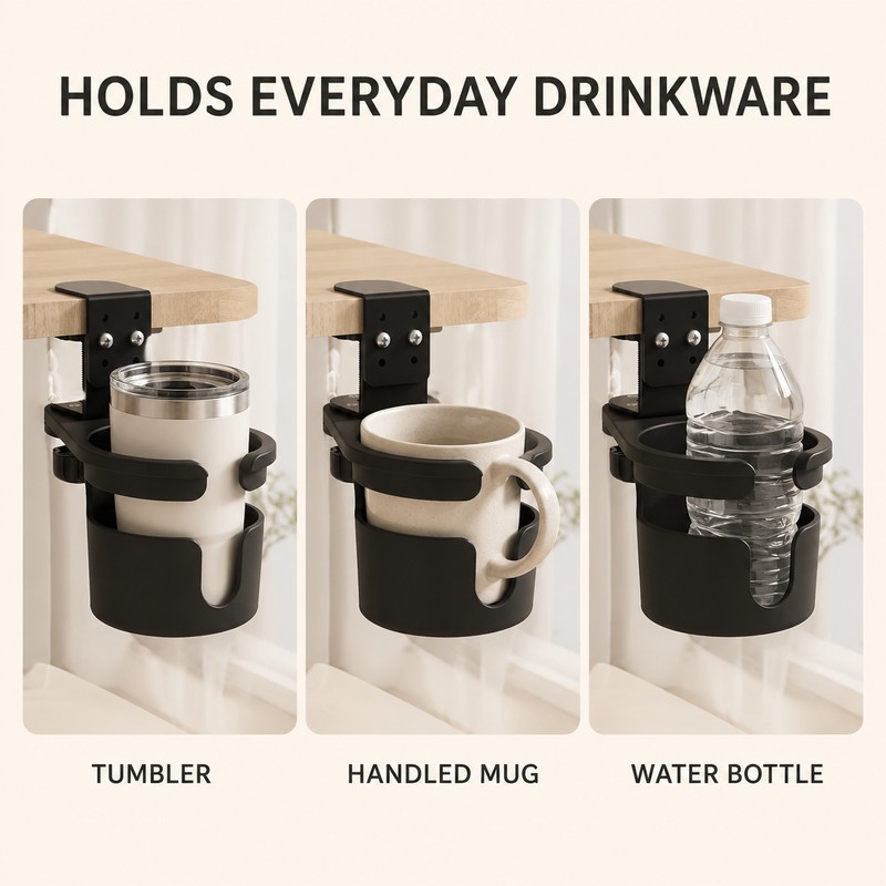 360° Rotating Clamp-On Desk Cup Holder with Adjustable Table Mount