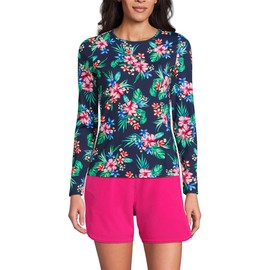 Lands' End Womens Long Sleeve Swim Tee Rash Guard Deep Sea Navy Rosella Floral Petite XXS