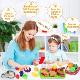 Play Food Sets for Kids Kitchen, Play Kitchen Accessories 46Pcs, Stainless Steel Cookware Pots and Pans Set with CuteApron, Cutting Play Food, Cooking Utensils,Toys for 3 4 Year Old Girls