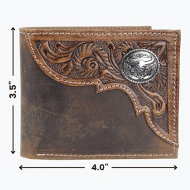 American Bison Tooled Side Bifold Wallet with Conchos–Oil Pull Up Classic Western Craftsmanship & RFID Protection (Long Horn, Brown)