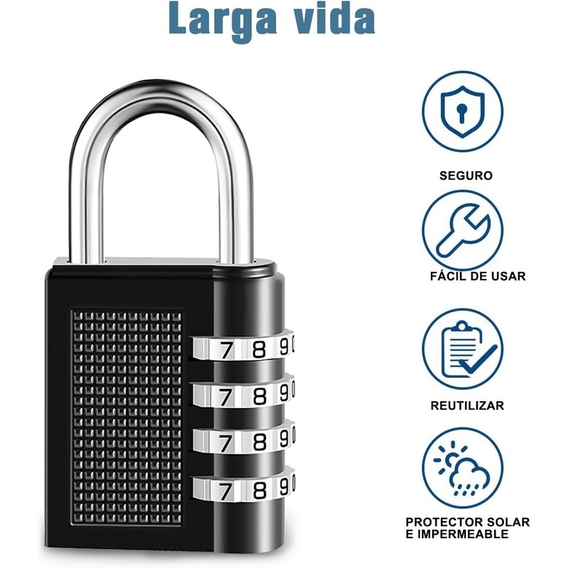 Candado de combinación 4 dígitos, 2 piezas negro y plata