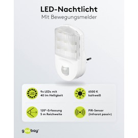 Goobay 96500 LED Night Light with Motion Sensor Indoor Socket Light 120° Pir Sensor 5 m Range Socket Lamp Motion Light Socket White